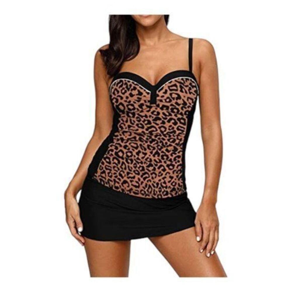 Swimsuit Halter Tankini Short Leopard Print Set Coral/BLK Size Small NWT #2283